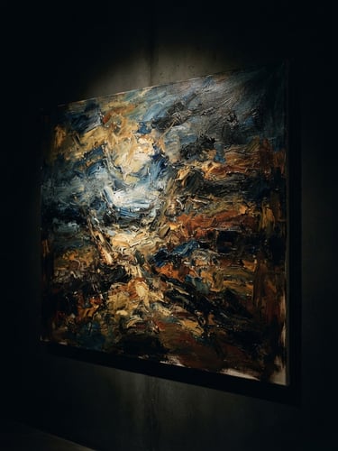 Dramatic gallery spotlighting a textured oil painting on canvas in a minimalist room, deep shadows, medium format film.