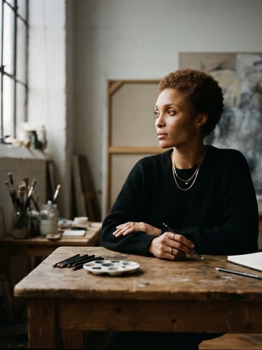 Intimate editorial portrait of a contemporary Black artist in a minimalist studio, soft directional window light, rich shadows, medium format film