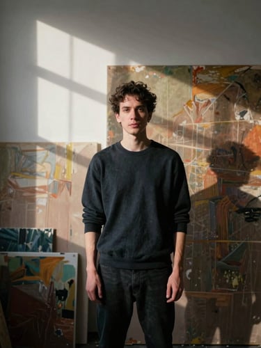 Wide-angle editorial portrait of an artist in a sunlit Shoreditch studio, directional window light casting soft shadows, large canvas with rich paint textures in the background