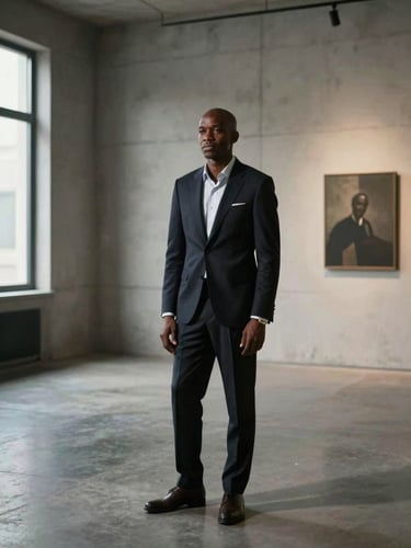 Editorial portrait of a sophisticated gallery director of African descent in a minimalist concrete gallery space, soft directional studio window light.