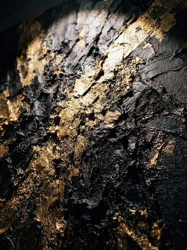 A dramatic, high-contrast close-up of a contemporary oil painting, showing thick impasto brushstrokes and rich gold and obsidian textures under a sharp gallery spotlight.