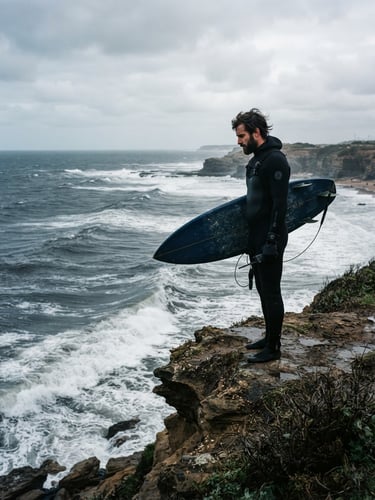 Instructor in a thick winter wetsuit standing on a rugged cliff in southern Mar del Plata, looking down at moody cold-water waves, overcast coastal light, 35mm lens