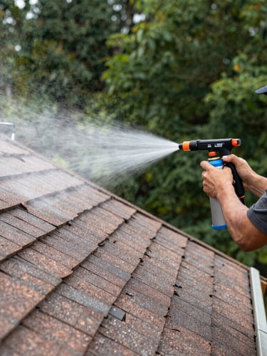 A professional technician wearing safety gear and a harness, using precision spray equipment to apply a micro-thin coating to a clean shingle roof, bright direct sunlight, architectural framing