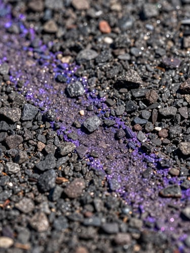 Extreme close-up macro shot of shingle granules under high-contrast direct sunlight, showing ultraviolet purple chemical shield bonding to the asphalt texture, sharp focus, no text.