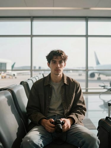 A calm, unhurried traveler sitting in a quiet airport lounge, soft natural daylight streaming through large windows, first-person perspective, peaceful atmosphere.