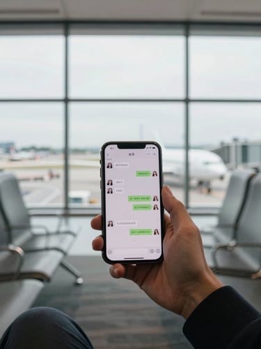 First-person perspective of a traveler sitting in a quiet airport lounge, holding a smartphone showing a direct chat conversation, soft natural light, runway visible through clean glass windows in the background.