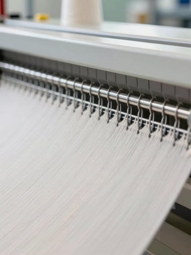 Macro shot of high-speed circular knitting machinery needles with raw cotton yarn threads running under bright clean industrial daylight, 35mm