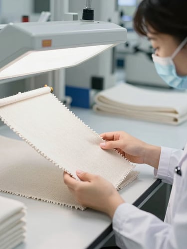 A professional quality inspector in a bright clean textile laboratory, examining a knitted fabric sample under a standardized light box, 35mm