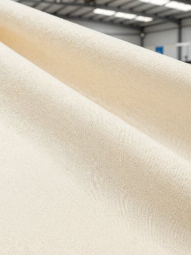 Macro shot of premium lightweight cream cotton jersey fabric draped elegantly under bright industrial daylight, showing fine-gauge weave detail, 35mm
