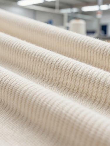 Macro shot of ultra-soft combed cotton rib knit fabric in raw cream, bright clean industrial daylight, 35mm