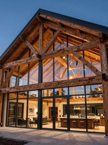 Wide-angle architectural photograph of a modern barndominium living room at dusk, towering double-height glass walls, massive exposed cedar timber trusses framing the ceiling, warm interior lights glowing.