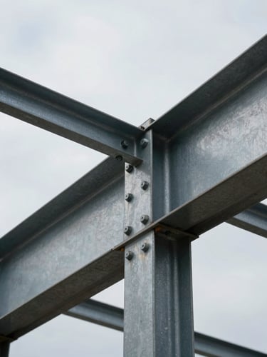 Macro architectural detail of a heavy-duty steel-to-timber joint, bolted clean lines, overcast crisp daylight highlighting the structural engineering