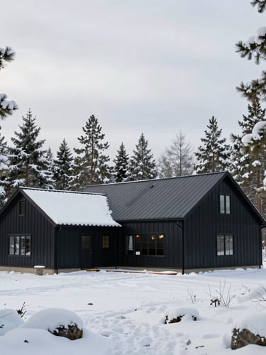 Wide environmental shot of a completed black steel barndominium estate in winter, surrounded by snow-covered pine trees under a crisp overcast sky