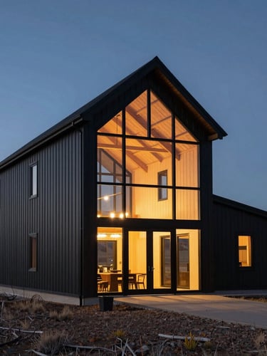 Dramatic wide-angle architectural photograph of a modern steel-frame barndominium at dusk, warm interior light glowing through massive double-height glass facades, deep charcoal steel cladding, vast Colorado plains in the background.