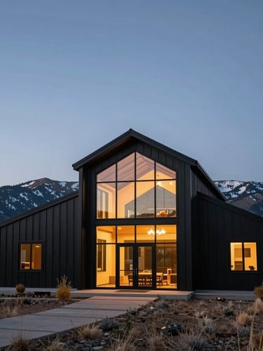 Dusk wide-angle exterior shot of a modern black steel barndominium in a sweeping Colorado valley, warm glowing interior lights visible through massive double-height glass windows, crisp twilight sky.