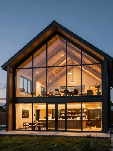 Dusk shot of a modern steel-frame barndominium with glowing warm interior light shining through massive double-height glass walls, set against a vast twilight sky