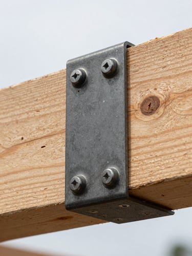 Macro detail shot of a heavy-duty steel-to-timber joint, black powder-coated steel bracket bolted into a massive cedar beam, crisp overcast daylight.