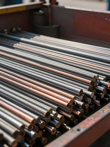 Close-up of a heavy industrial truck scale loaded with sorted metal cables, cold steel textures, sharp daylight, 35mm