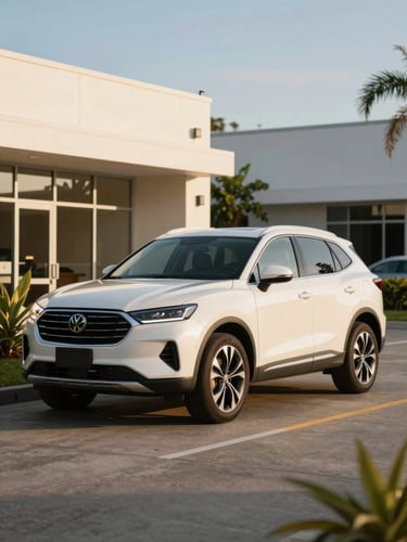 A clean modern white SUV parked in a bright Kingston office driveway, soft afternoon golden-hour light, warm editorial photography