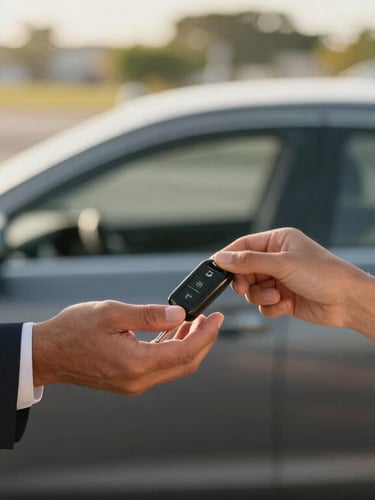 A close-up of a professional agent handing car keys to a traveler at the Kingston airport arrivals curb, warm golden-hour daylight, shallow depth of field, clean modern vehicle dashboard visible in the background
