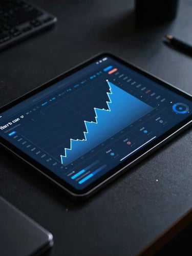 Editorial dark-mode photography, close-up of an analytical dashboard showing growth metrics on a sleek tablet screen, resting on a dark obsidian desk, moody high-contrast directional light, 35mm lens