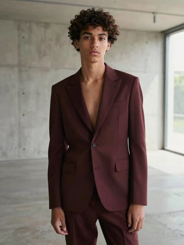 Editorial portrait of a stylish Brazilian teenager in a minimalist concrete gallery, wearing high-fashion structured tailoring, soft natural daylight, rich muted tones, 35mm lens