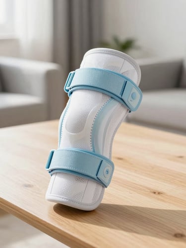 A clean close-up of a modern, lightweight knee brace resting on a bright wooden table in a sunlit living room, soft natural daylight, calming blue and white tones, 35mm
