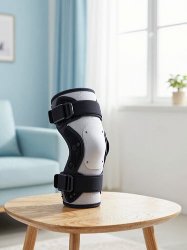 A clean, bright home living room with a premium supportive knee brace resting on a wooden side table, soft morning daylight, calming blue tones, 35mm