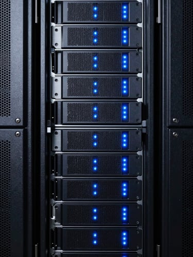 Macro photograph of high-end server racks with cool blue indicator lights, symmetrical architectural perspective, sleek dark-mode tech aesthetic