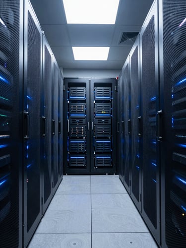 Symmetrical architectural perspective of a data center corridor, cool blue and silver highlights, sharp focus, 85mm lens