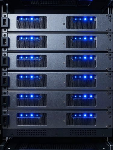 Symmetrical close-up of a high-end server rack with cool blue indicator lights, sharp technical focus, premium B2B aesthetic