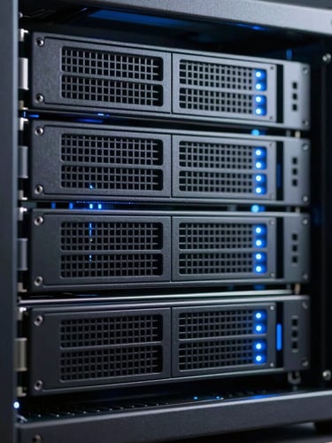Sleek dark-mode tech photography, macro of server rack with cool blue indicator lights, sharp focus, 85mm lens, premium B2B aesthetic