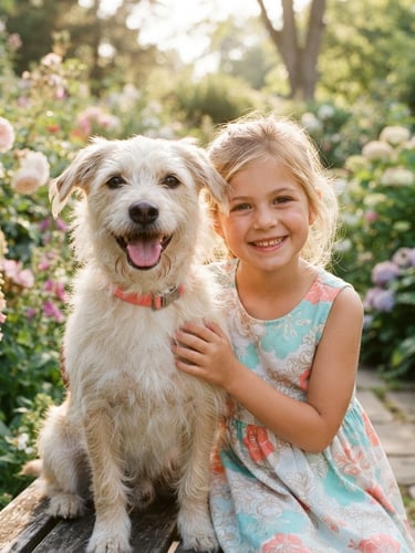 Retrato cercano de un perro mestizo feliz, de tamaño mediano, de pelaje claro, sentado junto a una niña sonriendo en un jardín soleado, ambos mirando a la cámara, luz natural cálida, enfoque suave, tonos turquesa y coral.
