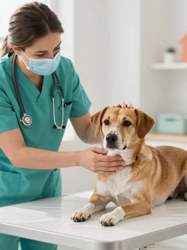 Veterinario con bata turquesa acariciando suavemente a un perro recuperándose en una mesa de examen, luz natural brillante, ambiente clínico cálido y limpio, enfoque en la interacción.