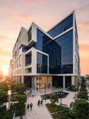 Wide panoramic view of a modern corporate office building exterior at sunrise, clean architectural lines, deep navy glass facade, professional business environment, bright natural daylight, crisp focus