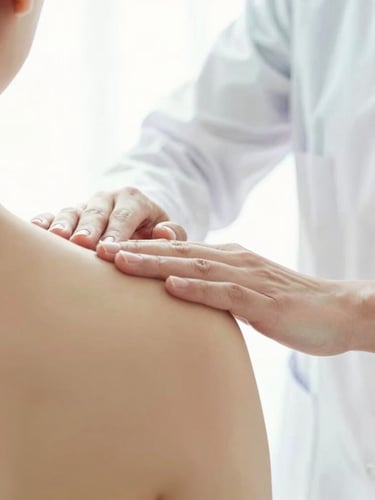 Close-up of therapist's hands performing targeted therapeutic bodywork on a client's shoulder, soft natural lighting, professional setting, bright airy photography.