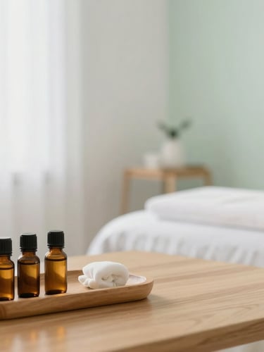 Wide environmental shot of a bright, airy massage studio interior in St. Petersburg, minimalist decor with a warmed table, organic oils on a wooden tray, soft diffused daylight, bright airy photography.