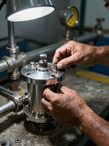 Close-up of weathered hands firmly adjusting a stainless-steel filter housing on a purification unit inside a Latin American water plant, industrial overhead light casting hard shadows, yellow measurement gauge visible in the background, gritty concrete floor below