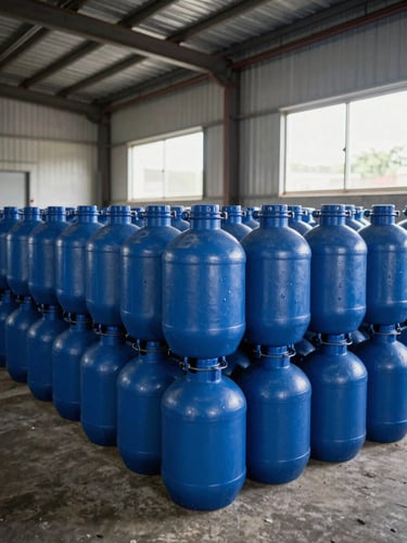 Wide shot of stacked blue 20-liter garrafones lined up in a working Latin American water plant warehouse, practical window light mixed with industrial overhead, filled bidones ready for delivery, concrete floor, unglamorous functional storage space