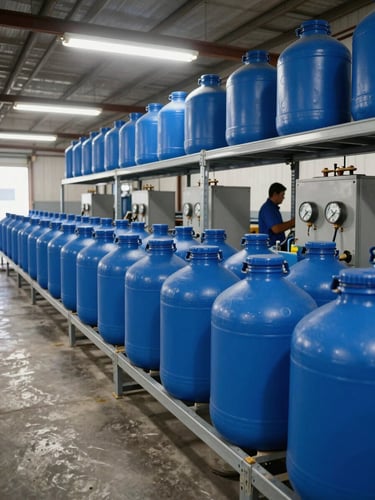 Wide interior shot of a Latin American water purification plant warehouse, rows of blue 20-litre garrafones stacked on metal shelving under fluorescent industrial light, a worker in the background checking equipment dials, concrete floor visible, no lifestyle staging