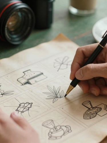 Editorial close-up of hands sketching a storyboard on rustic parchment paper, camera lenses and a warm cup of coffee nearby, soft natural side-lighting, shallow depth of field, 35mm film.