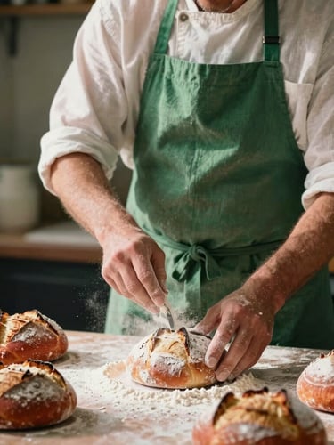 Editorial medium-close portrait of a chef in a linen apron dusting flour onto freshly shaped sourdough, warm side-daylight, shallow depth of field, 35mm film.