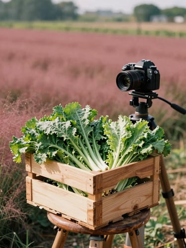 A camera setup on a rustic wooden tripod positioned in a sunlit field, focusing on a wooden crate overflowing with freshly cut greens, soft natural side light, 35mm film.