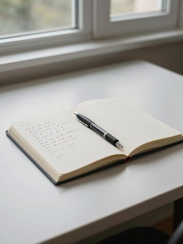 Wide environmental shot of a minimal desk scene — an open paper notebook with handwritten figures, a pen resting across the page, daylight from a window casting soft even light across the surface, no clutter, calm and focused