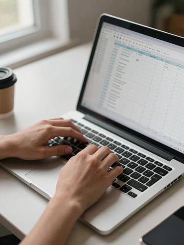 Close-up portrait-framed view from above: hands resting on an open laptop keyboard, a clean spreadsheet visible on screen, soft daylight falling from a window to the left, minimal desk surface with a single coffee cup just out of focus at the edge