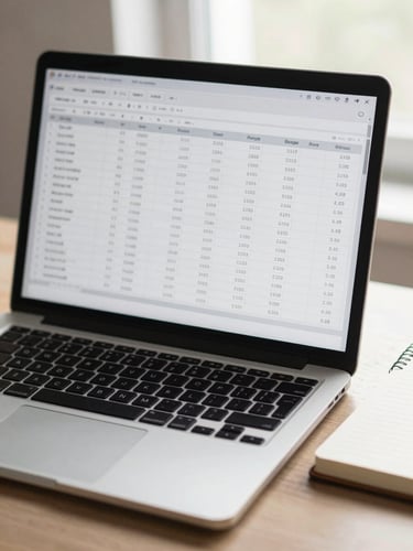 Close-up of a laptop screen displaying a clean financial spreadsheet with tidy rows of numbers, soft daylight from a nearby window illuminating the keyboard and a small open notebook beside it, minimal desk surface visible