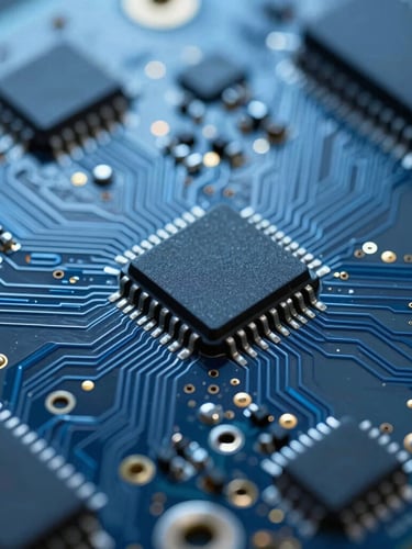 Macro close-up of a complex circuit board with fine traces and microchips, illuminated by cool blue and white studio lights, suggesting precision engineering.