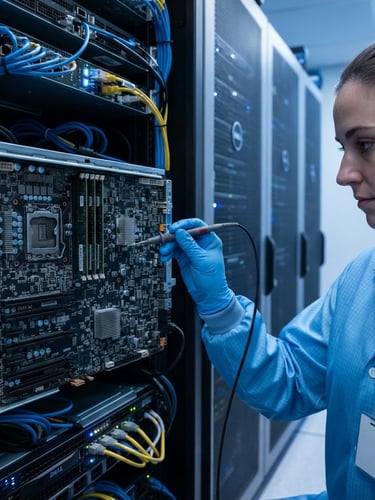 Clean, organized stack of enterprise server racks in a modern data center, cool blue and white studio lighting, a technician in anti-static gear performing diagnostics, macro focus on circuit boards, 35mm