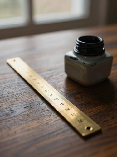 A close-up of a solid brass ruler and a heavy ceramic inkwell resting on a dark oak desk, warm morning light, shallow depth of field, 35mm.