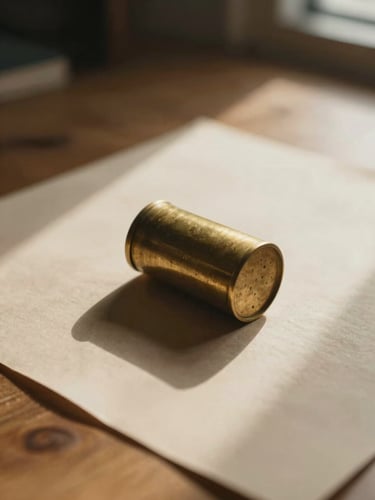 Close-up of a heavy brass cylinder resting on hand-torn heavy paper, warm morning light casting a long soft shadow, oak desk surface, shallow depth of field